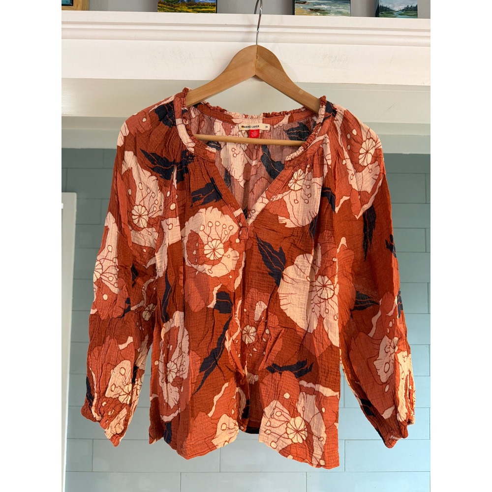 Marine Layer Womens M Rust Orange Floral Cotton Gauze V-Neck Ruffle Blouse 15846